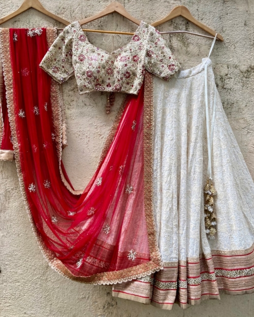 Ivory And Red Bridal Thread And Mirror Work Lehenga Set - Fashion Brand & Designer Priti Sahni