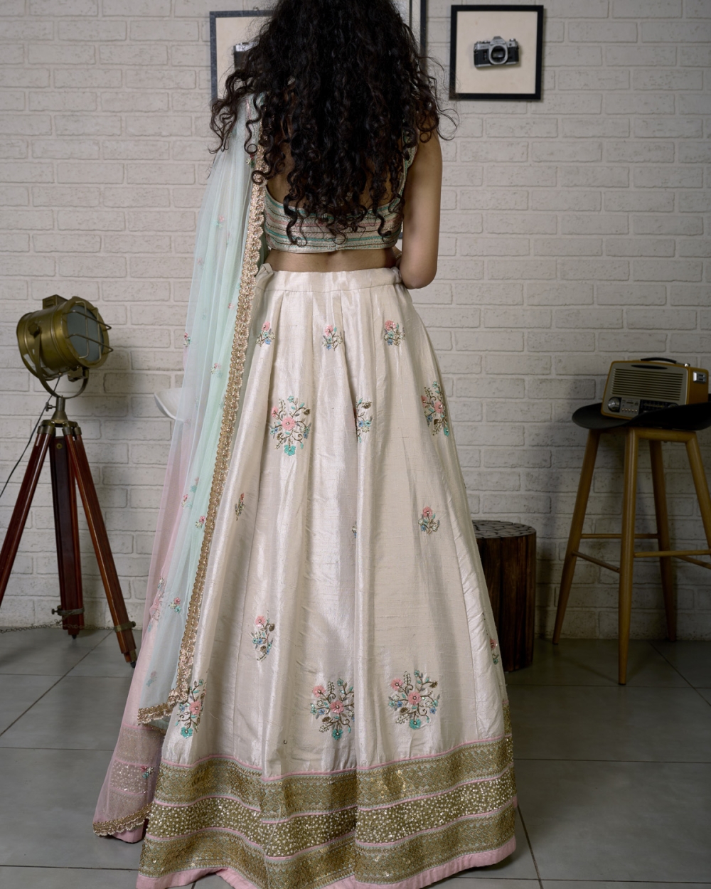 Off-White Raw Silk Colorful Embroidered Lehenga Set - Fashion Brand & Designer Priti Sahni 4