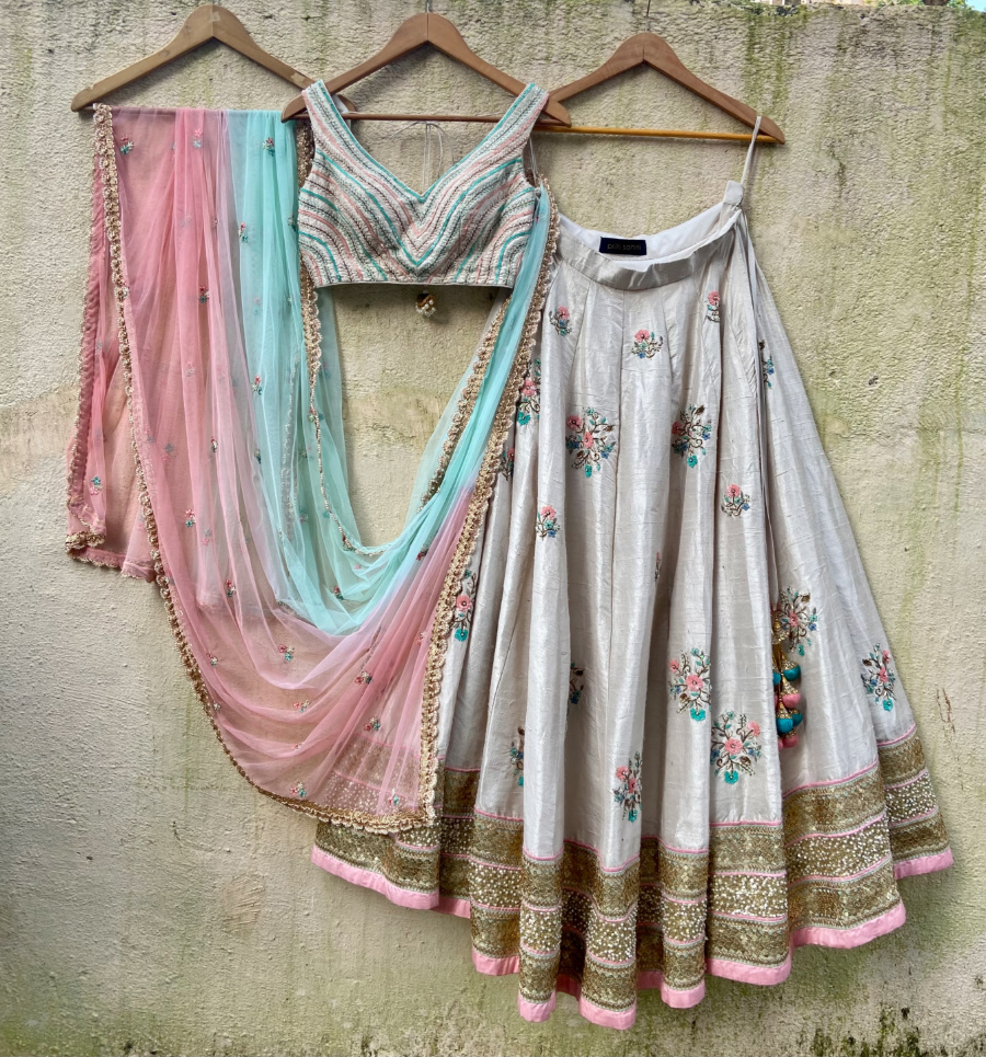 Off-White Raw Silk Colorful Embroidered Lehenga Set - Fashion Brand & Designer Priti Sahni