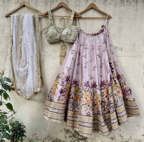 Lavender Hand-painted Organza Lehenga Set with Mirror Work Blouse Lehengas