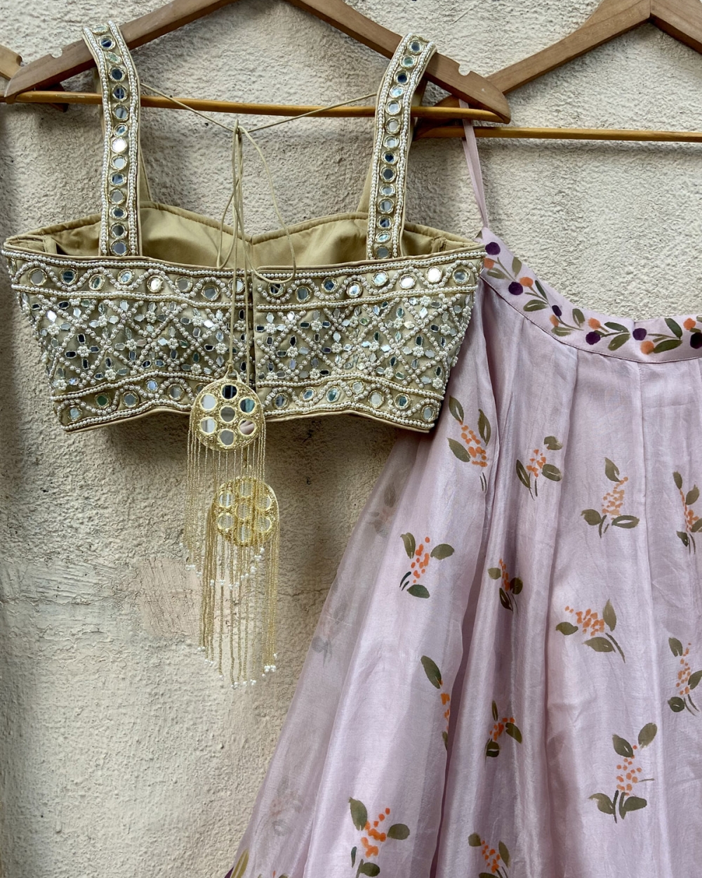 Lavender Hand-painted Organza Lehenga Set with Mirror Work Blouse Bridesmaids 6