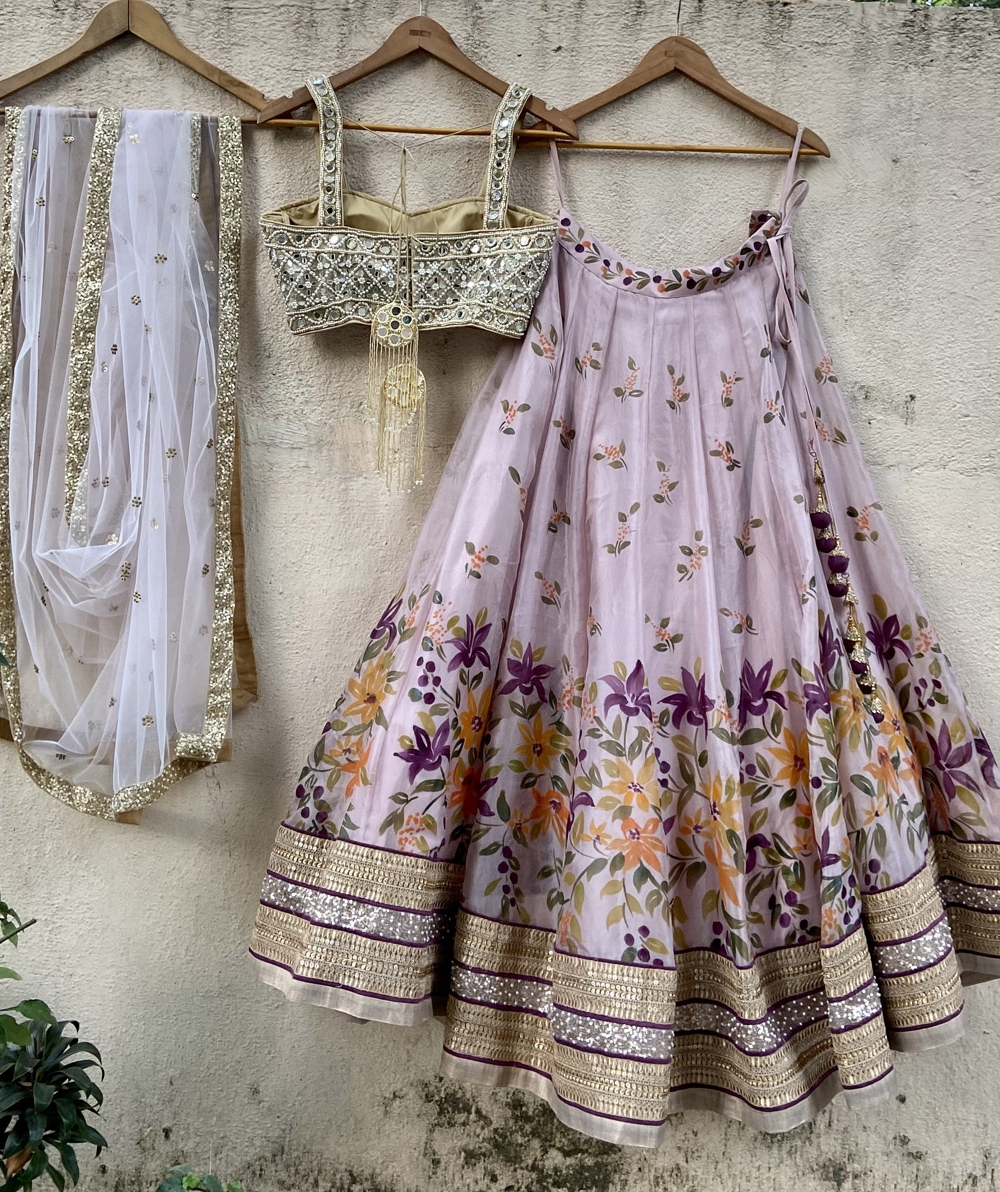 Lavender Hand-painted Organza Lehenga Set with Mirror Work Blouse Bridesmaids 7