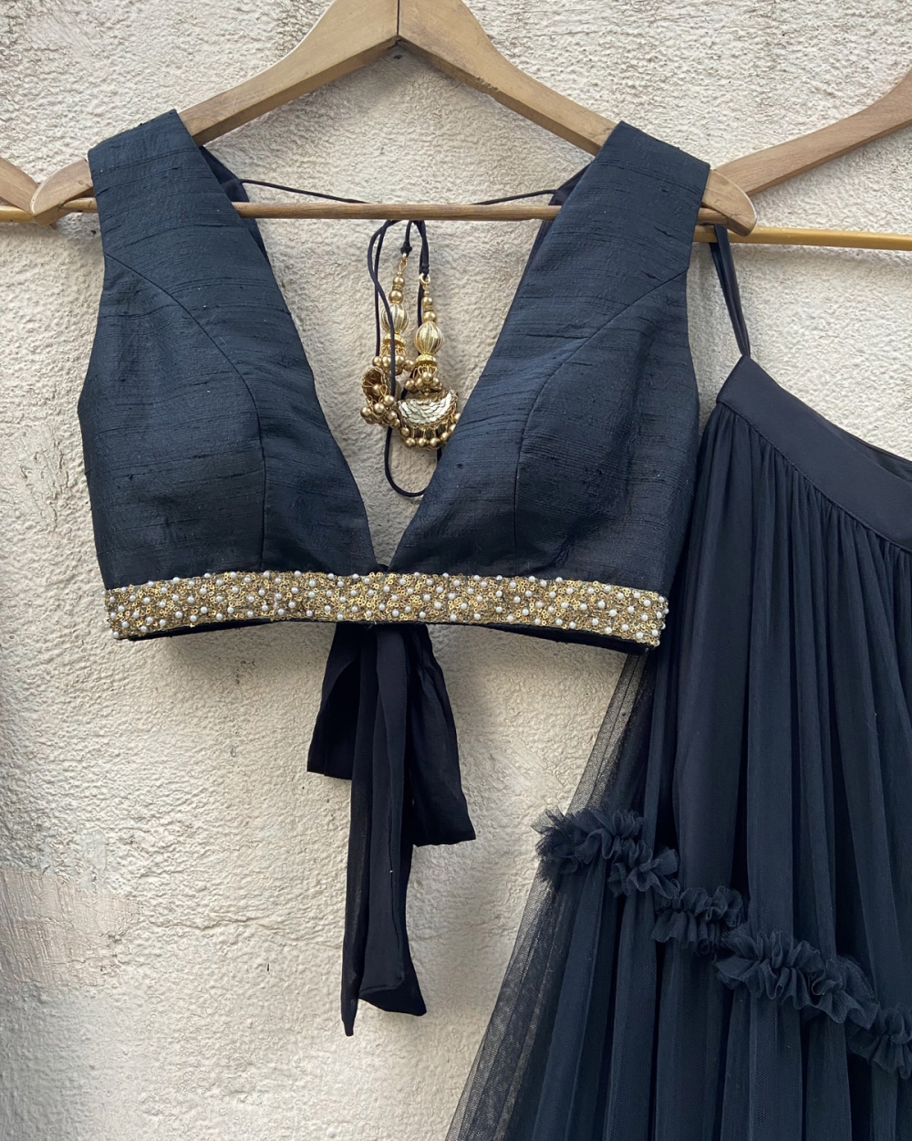Black Tier Lehenga Set with Raw Silk Blouse - Fashion Brand & Designer Priti Sahni 2