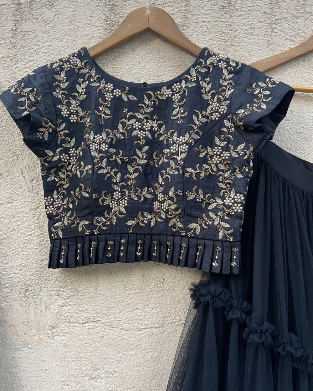 Black Tier Lehenga Set with Embroidered Raw Silk Blouse Lehengas 3