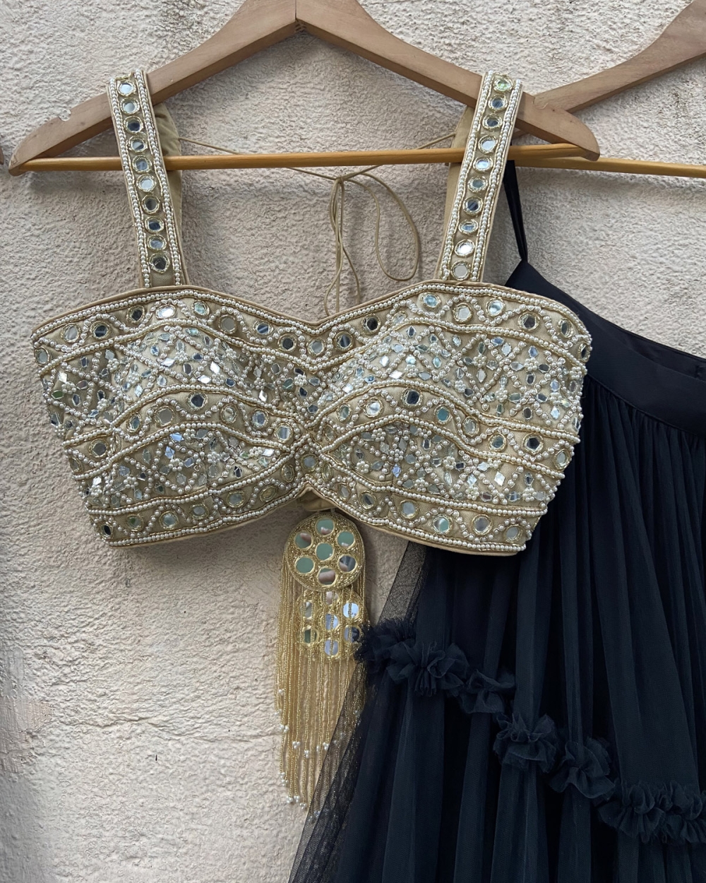 Black Tier Lehenga Set with Mirror Blouse Anniversary Sale 2
