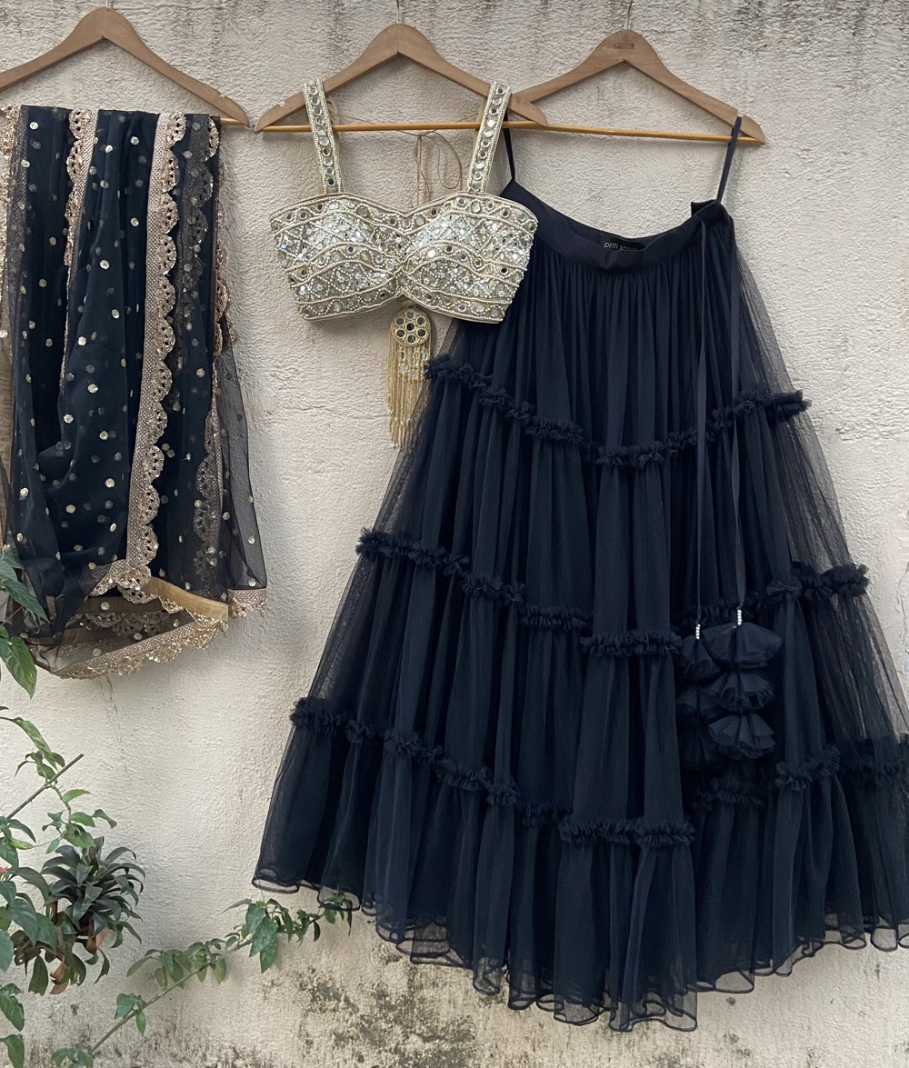 Black Tier Lehenga Set with Mirror Blouse Anniversary Sale