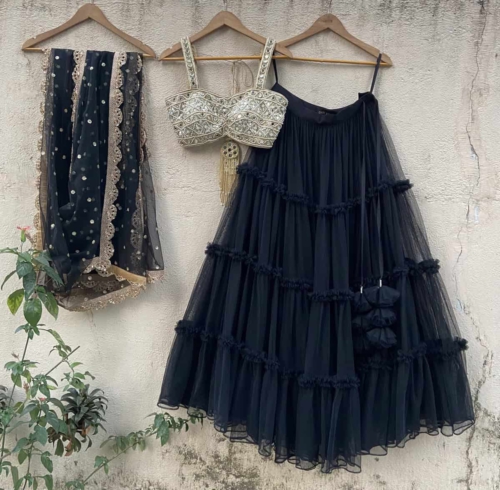 Black Tier Lehenga Set with Mirror Blouse Anniversary Sale