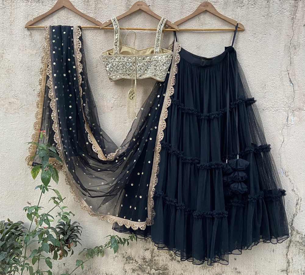 Black Tier Lehenga Set with Mirror Blouse Anniversary Sale 5