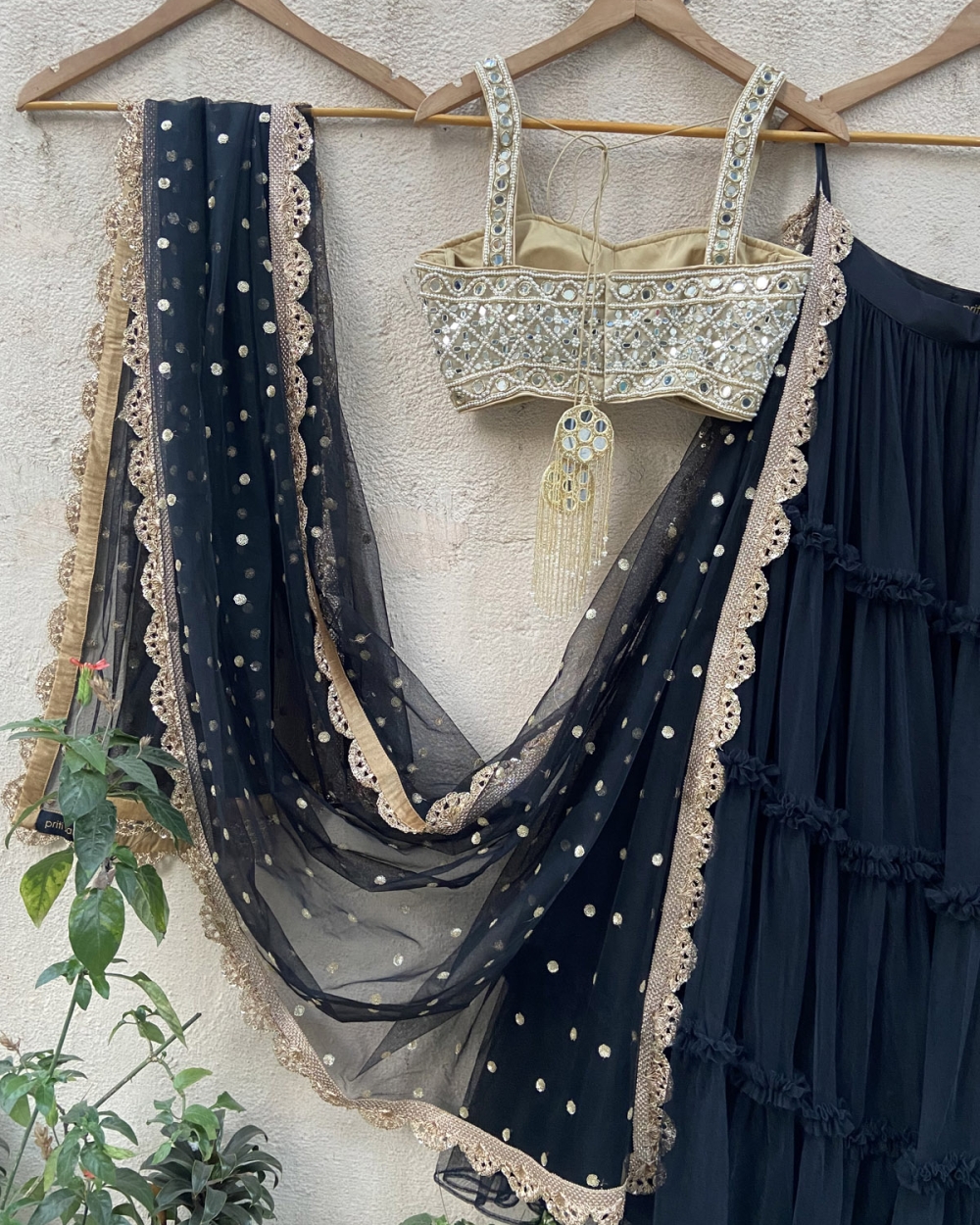 Black Tier Lehenga Set with Mirror Blouse Anniversary Sale 3