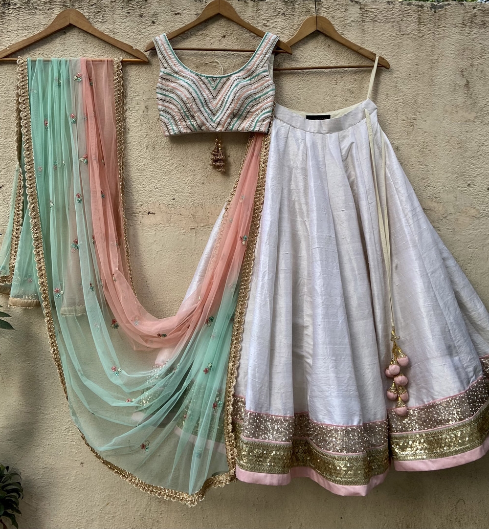 Off-White Raw Silk Lehenga Set with Colorful Blouse - Fashion Brand & Designer Priti Sahni 6