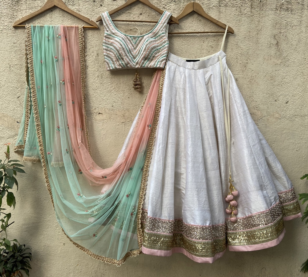 Off-White Raw Silk Lehenga Set with Colorful Blouse - Fashion Brand & Designer Priti Sahni