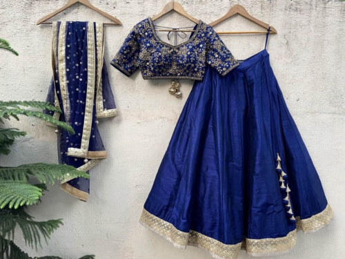 Navy Blue Raw Silk Lehenga Set with Embroidered Blouse Lehengas