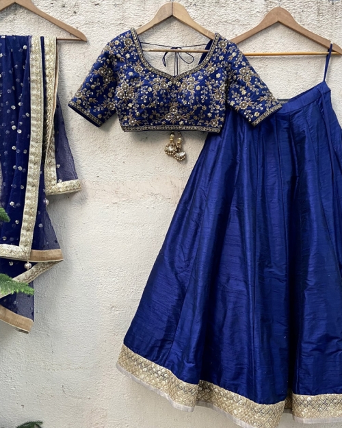 Navy Blue Raw Silk Lehenga Set with Embroidered Blouse - Fashion Brand & Designer Priti Sahni
