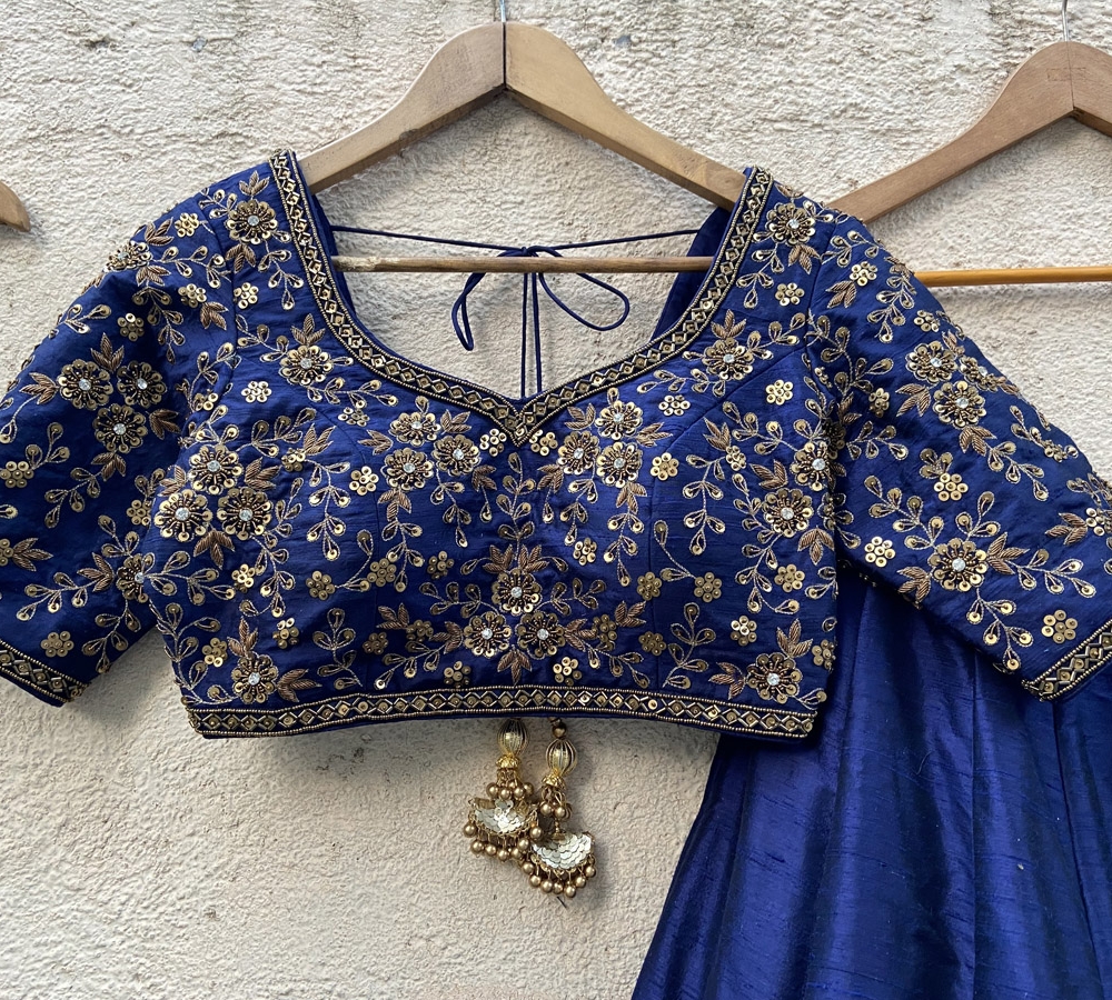 Navy Blue Raw Silk Lehenga Set with Embroidered Blouse - Fashion Brand & Designer Priti Sahni 2