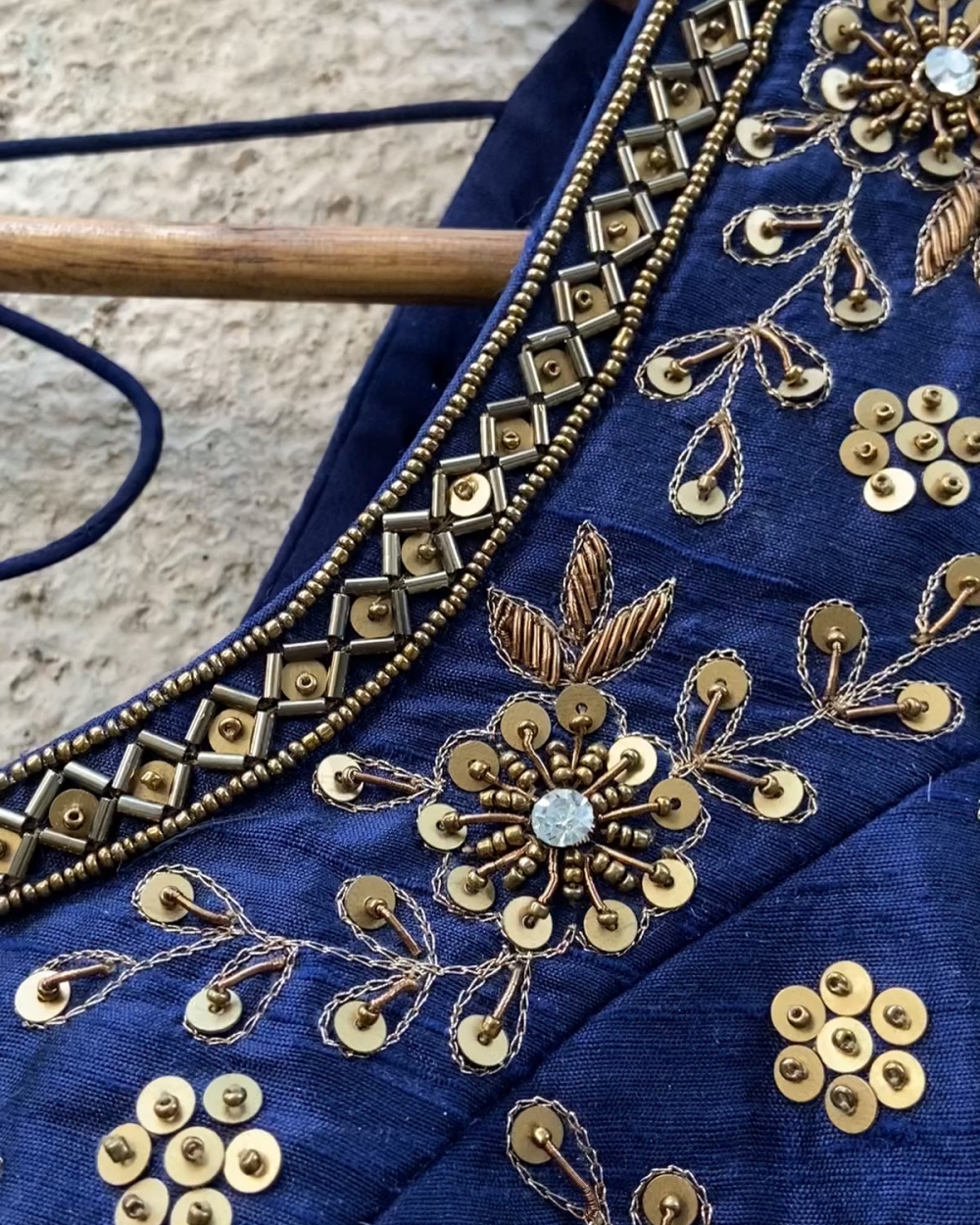 Navy Blue Raw Silk Lehenga Set with Embroidered Blouse - Fashion Brand & Designer Priti Sahni 4