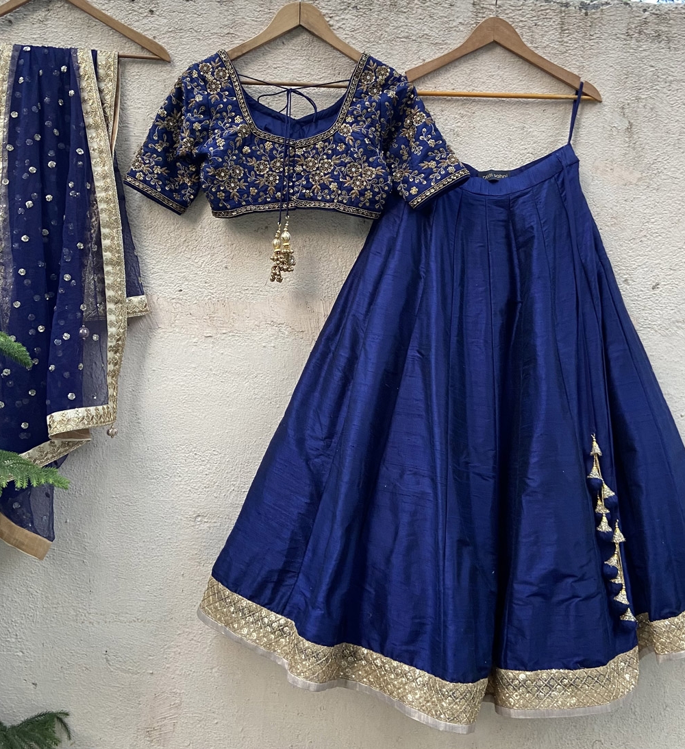 Navy Blue Raw Silk Lehenga Set with Embroidered Blouse - Fashion Brand & Designer Priti Sahni 3
