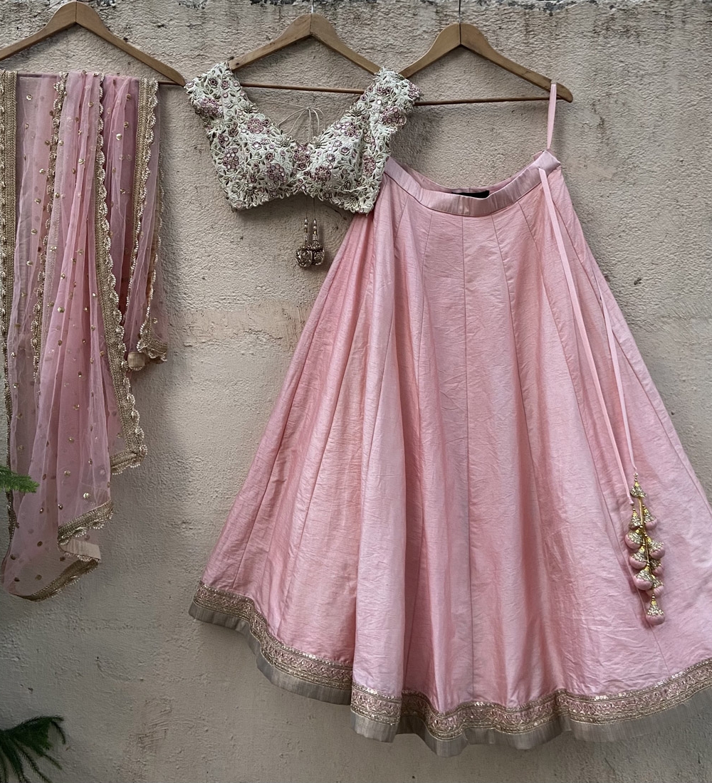 Pink Lehenga Set with Ivory Embroidered Blouse - Fashion Brand & Designer Priti Sahni
