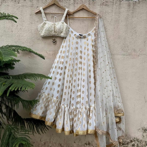 Ivory Ruffle Lehenga Set with Thread Work Bustier Lehengas