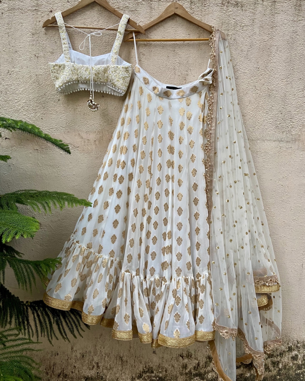 Ivory Ruffle Lehenga Set with Thread Work Bustier Bridesmaids 3