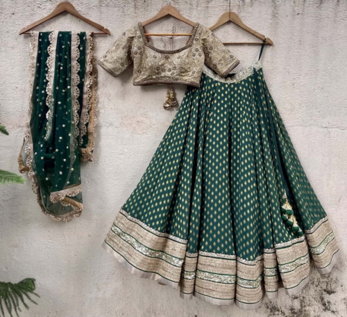 Nude and Green Lehenga Set Lehengas
