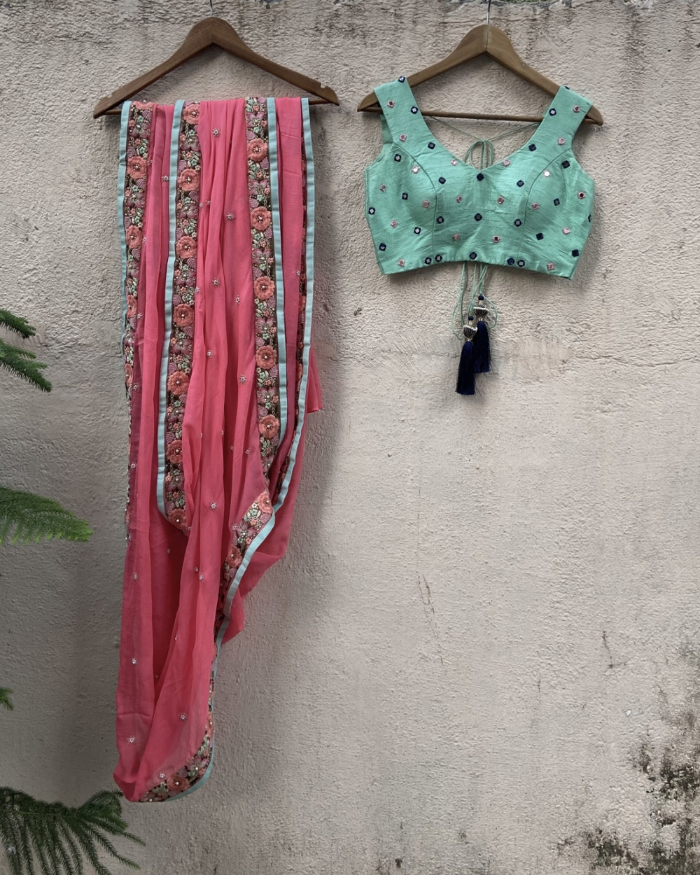 Pink Chiffon Saree with Thread Work Border and Mint Embroidered Blouse - Fashion Brand & Designer Priti Sahni 2