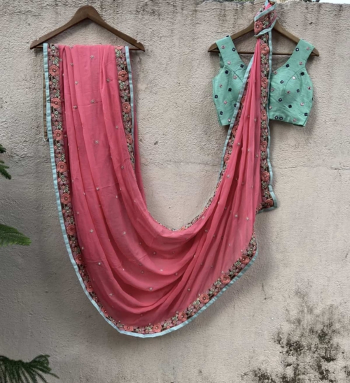 Pink Chiffon Saree with Thread Work Border and Mint Embroidered Blouse Sarees
