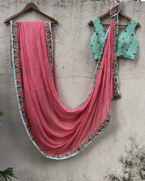 Pink Chiffon Saree with Thread Work Border and Mint Embroidered Blouse Sarees