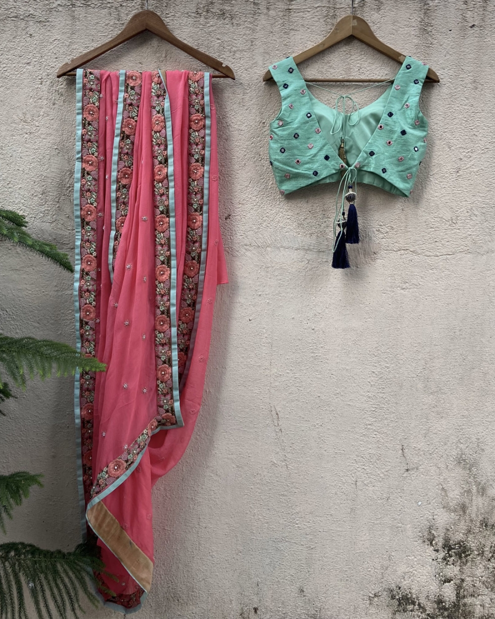 Pink Chiffon Saree with Thread Work Border and Mint Embroidered Blouse - Fashion Brand & Designer Priti Sahni 5