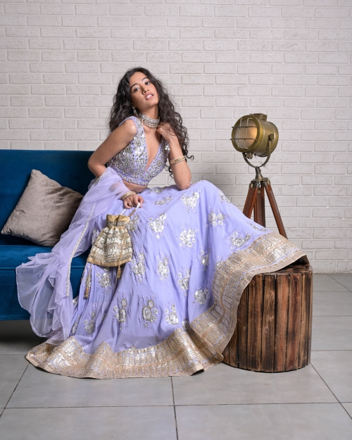 Periwinkle Blue Mirror Work Lehenga Set - Fashion Brand & Designer Priti Sahni