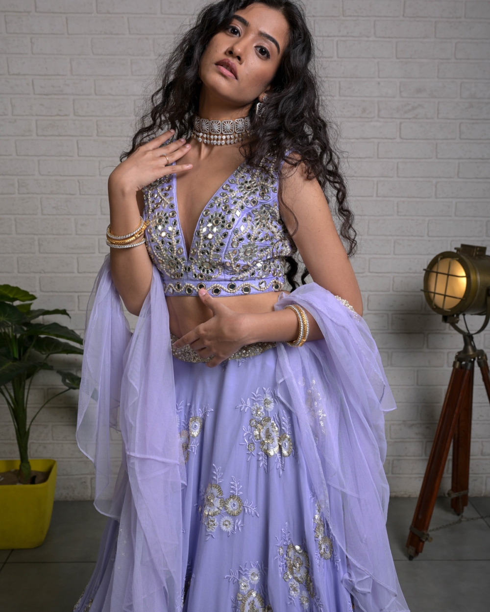 Periwinkle Blue Mirror Work Lehenga Set - Fashion Brand & Designer Priti Sahni 2