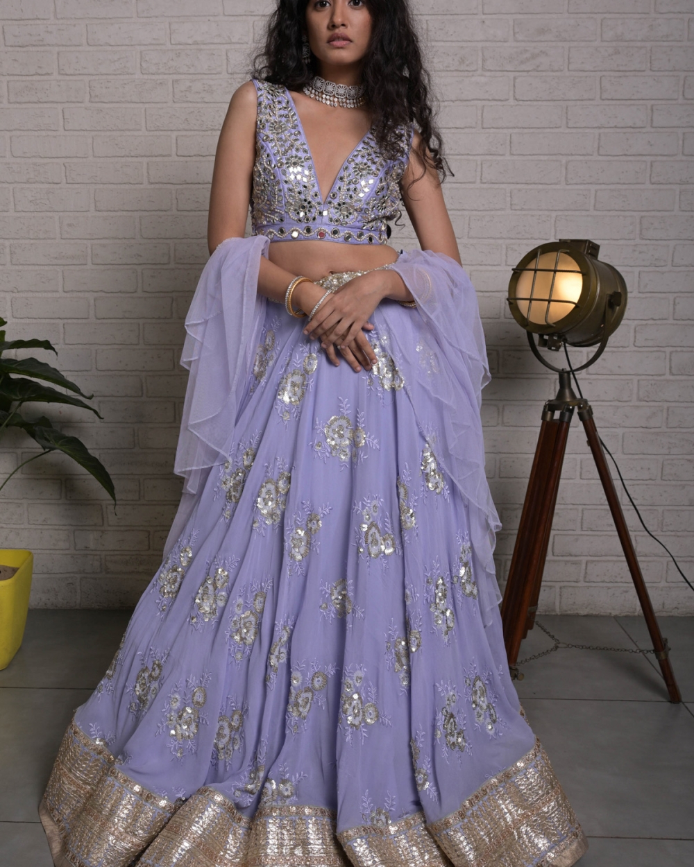 Periwinkle Blue Mirror Work Lehenga Set - Fashion Brand & Designer Priti Sahni 5