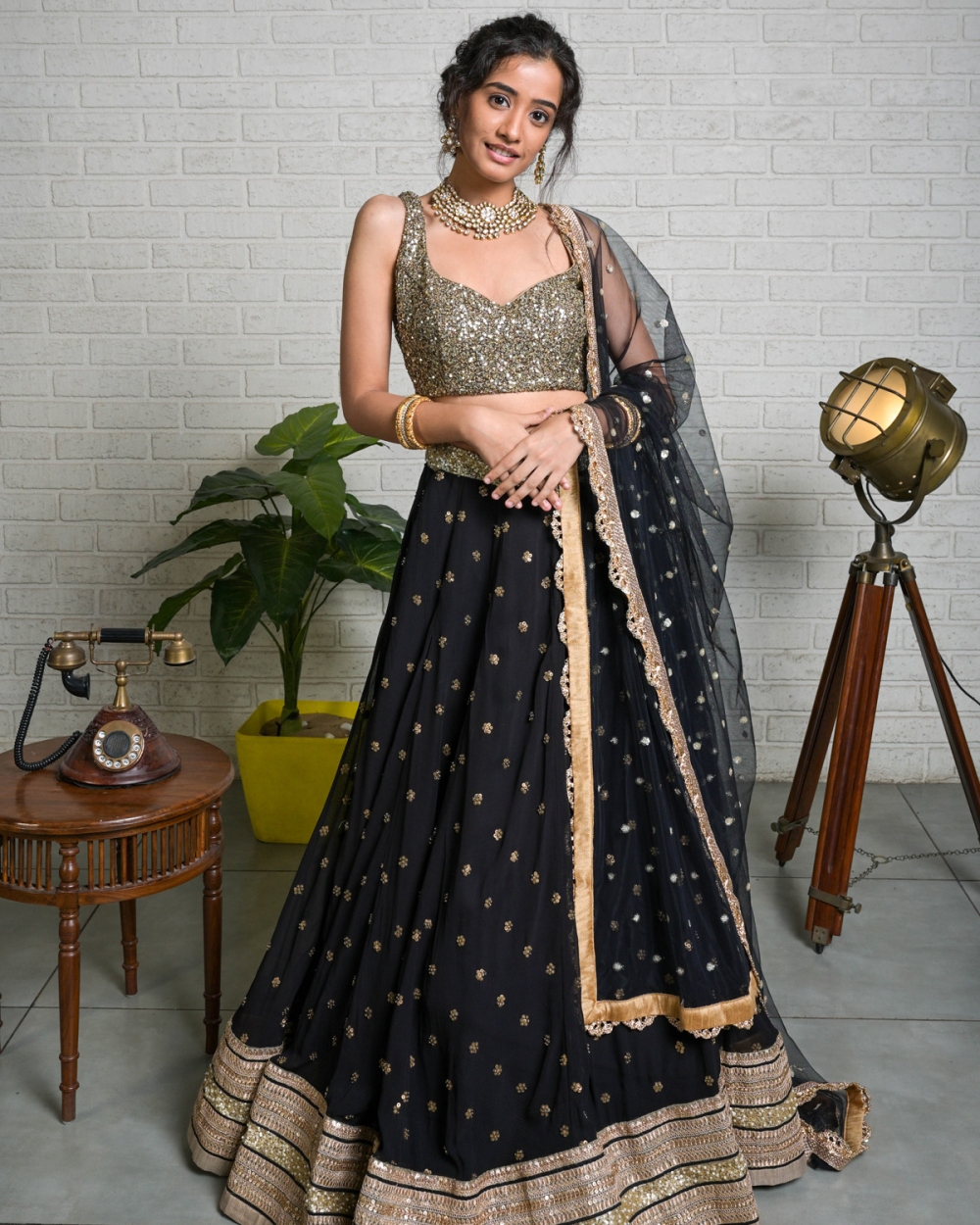 Black Sharmily Lehenga Set with Sequin Blouse - Fashion Brand & Designer Priti Sahni 4