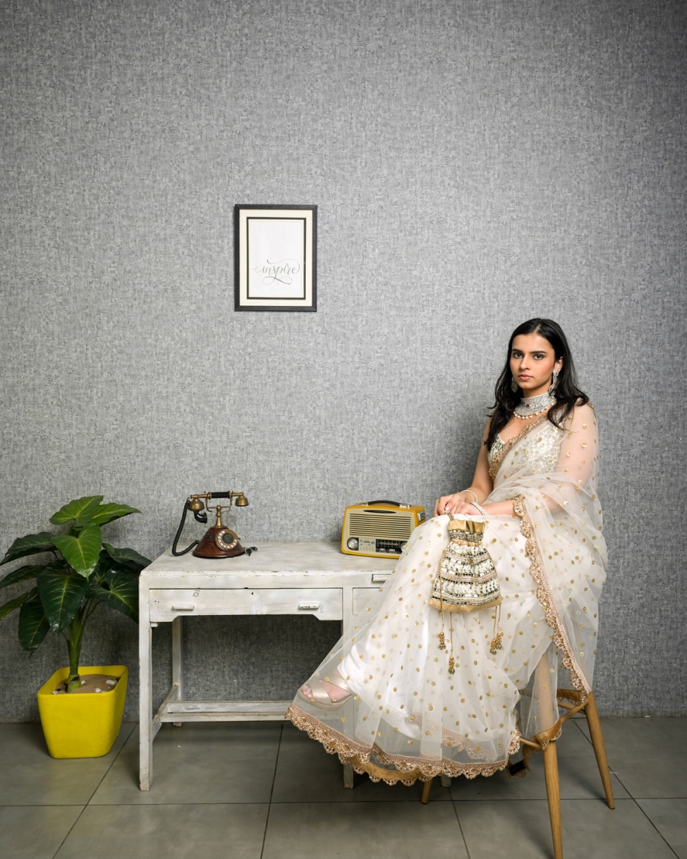 Ivory Mirror Work Blouse And Net Saree - Fashion Brand & Designer Priti Sahni