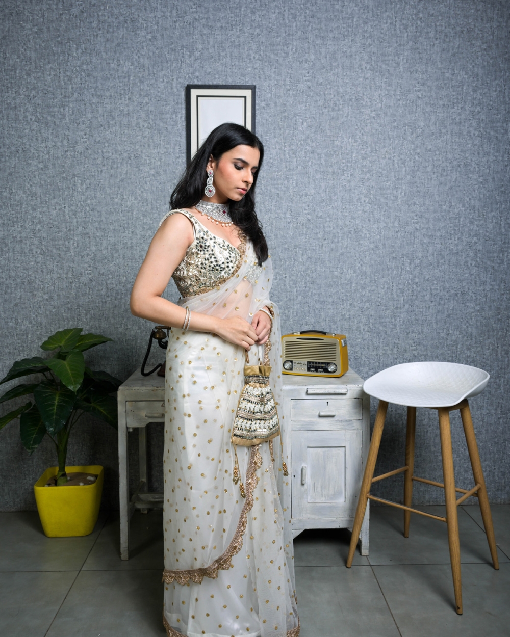 Ivory Mirror Work Blouse And Net Saree - Fashion Brand & Designer Priti Sahni 3