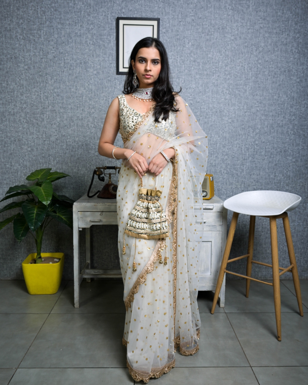 Ivory Mirror Work Blouse And Net Saree - Fashion Brand & Designer Priti Sahni 4
