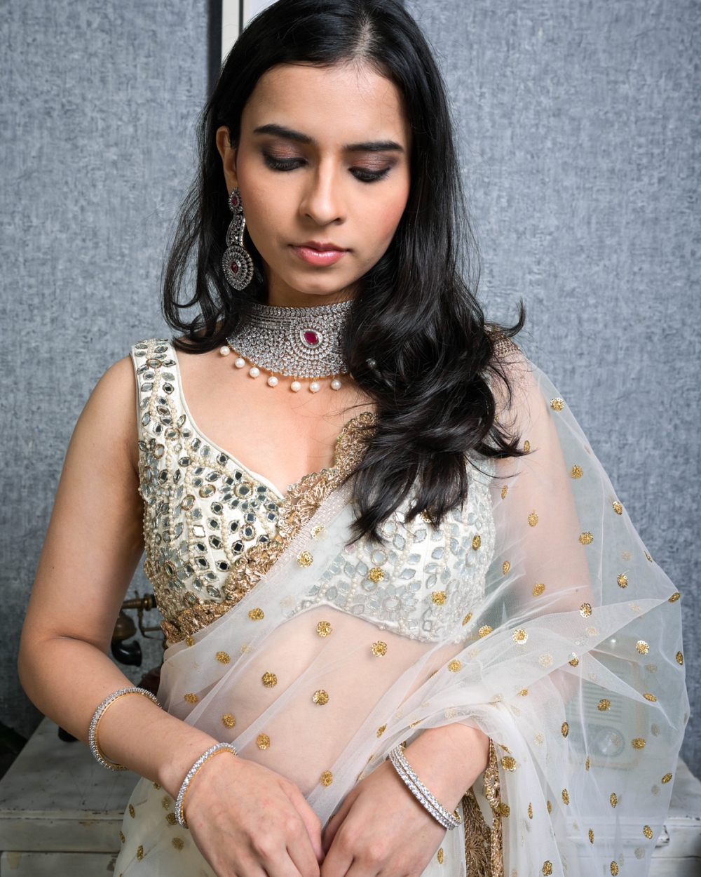 Ivory Mirror Work Blouse And Net Saree - Fashion Brand & Designer Priti Sahni 5