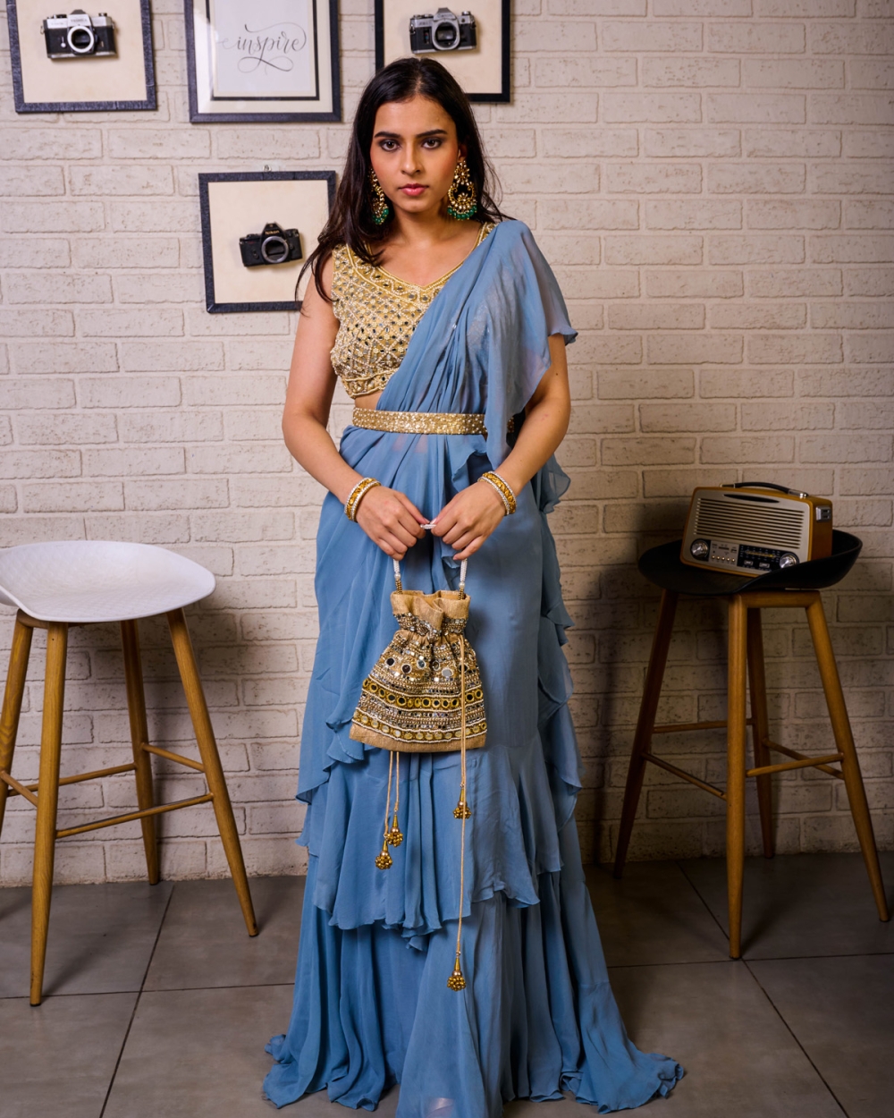 Steel Blue Draped Ruffle Saree With Mirror Bustier - Fashion Brand & Designer Priti Sahni