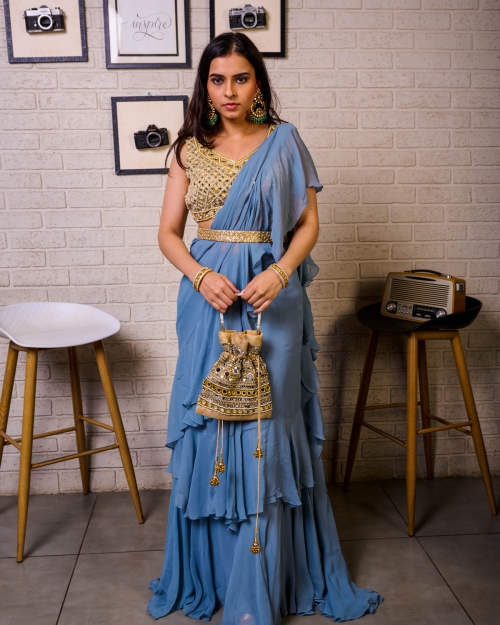 Steel Blue Draped Ruffle Saree With Mirror Bustier Indo-Western