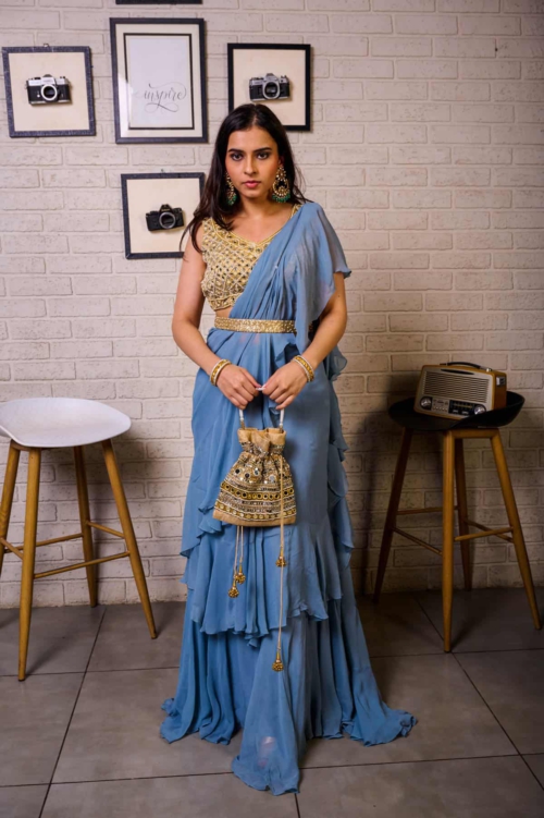 Steel Blue Draped Ruffle Saree With Mirror Bustier Indo-Western