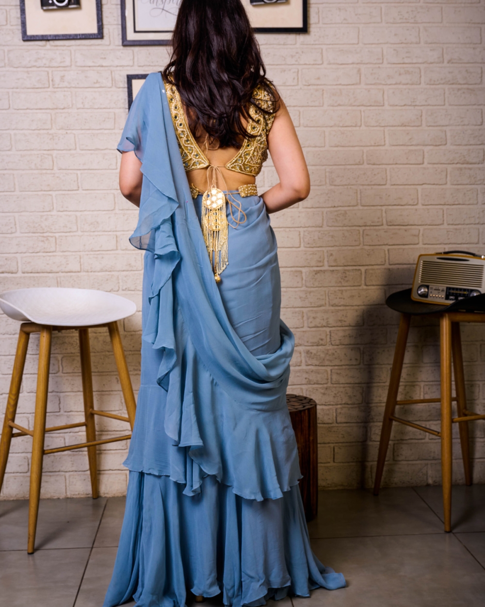 Steel Blue Draped Ruffle Saree With Mirror Bustier - Fashion Brand & Designer Priti Sahni 4