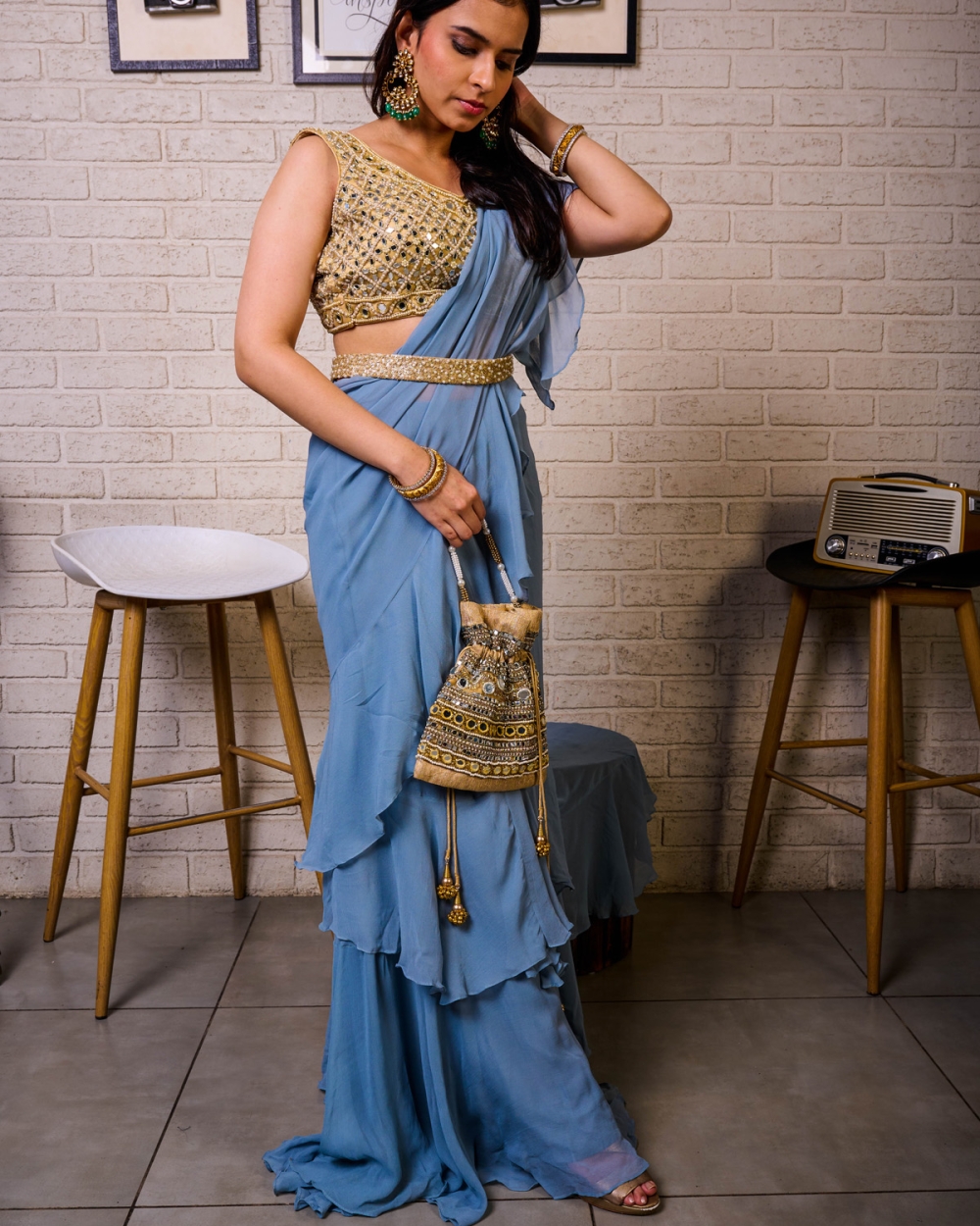 Steel Blue Draped Ruffle Saree With Mirror Bustier - Fashion Brand & Designer Priti Sahni 5