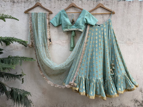 Ocean Green Ruffle Lehenga Set Lehengas