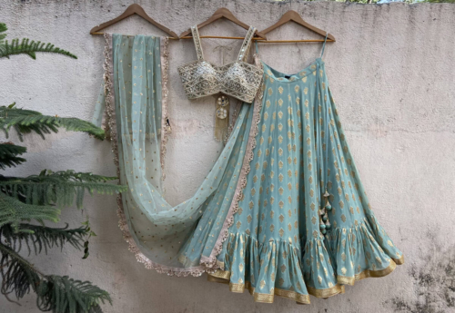 Ocean Green Ruffle Lehenga Set with Mirror Busier Lehengas