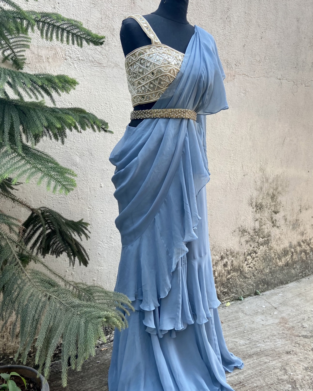 Steel Blue Draped Ruffle Saree With Mirror Bustier - Fashion Brand & Designer Priti Sahni 12