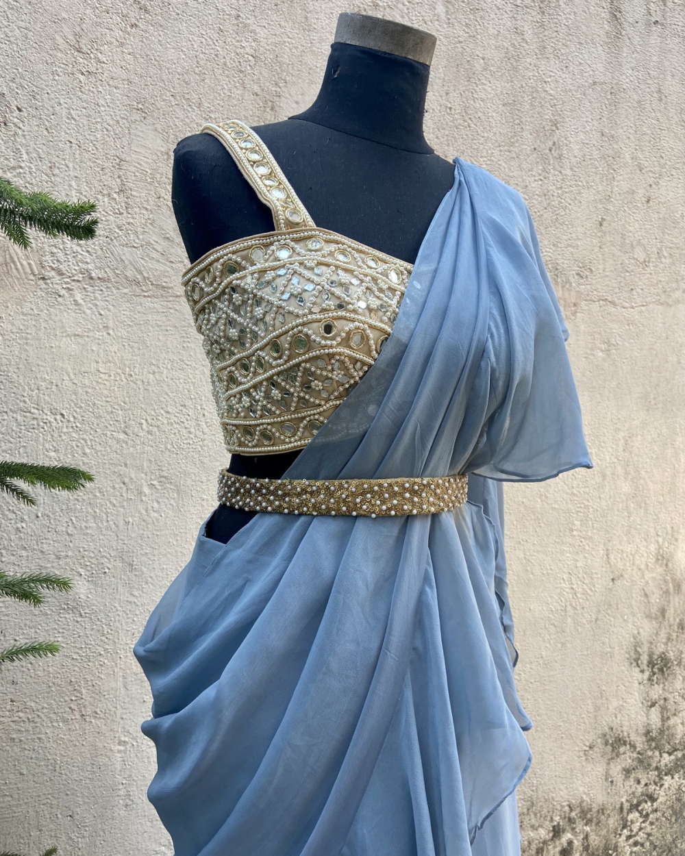 Steel Blue Draped Ruffle Saree With Mirror Bustier Indo-Western 9