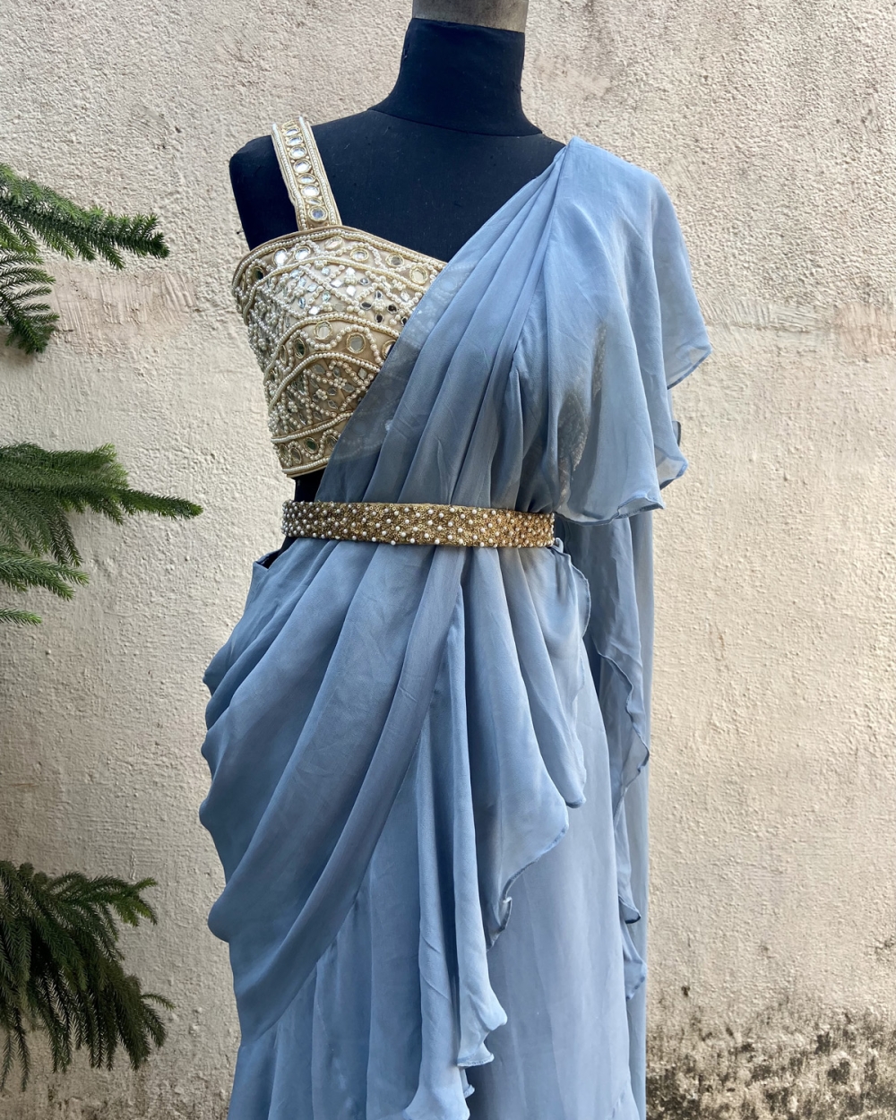 Steel Blue Draped Ruffle Saree With Mirror Bustier Indo-Western 8