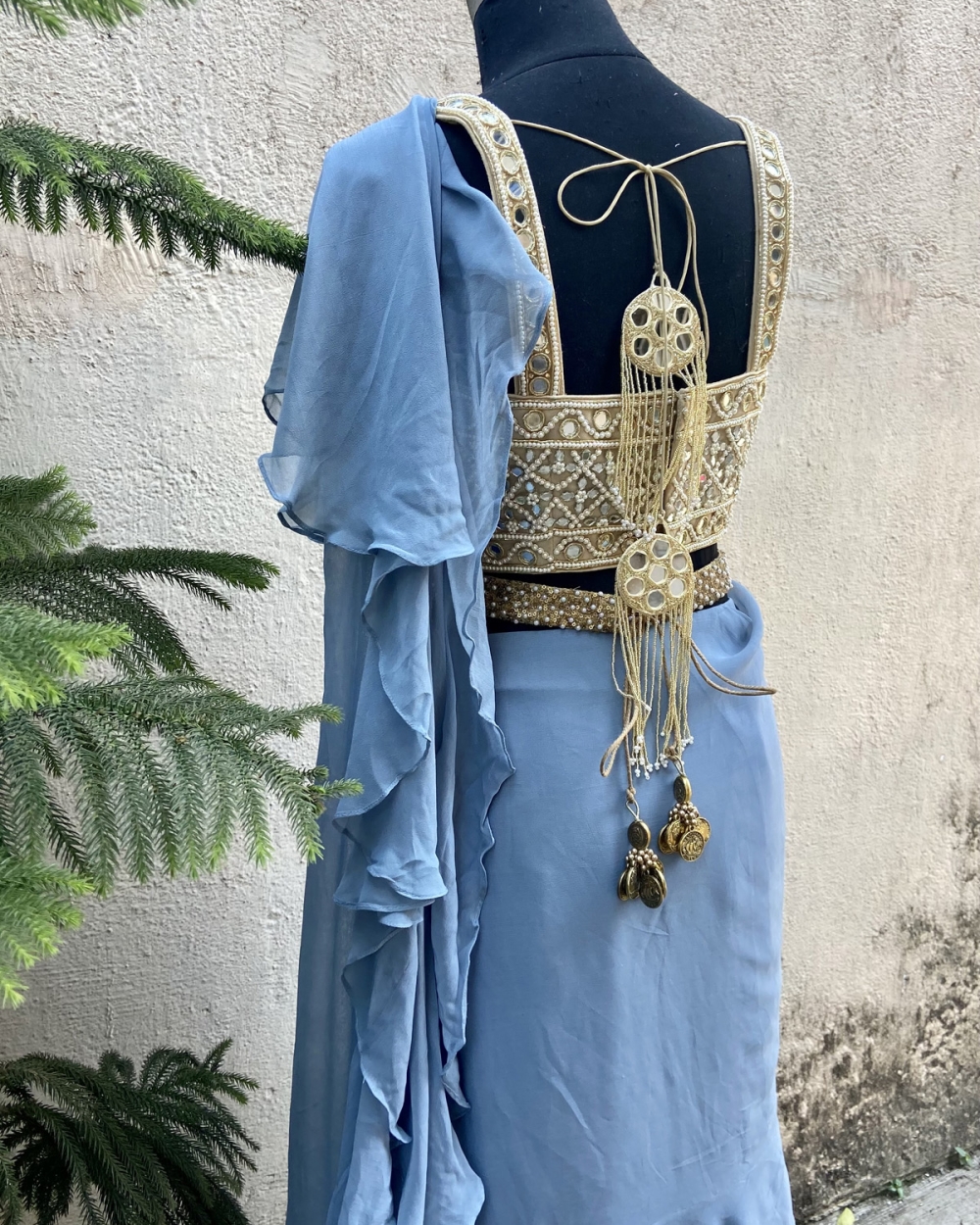 Steel Blue Draped Ruffle Saree With Mirror Bustier - Fashion Brand & Designer Priti Sahni 10