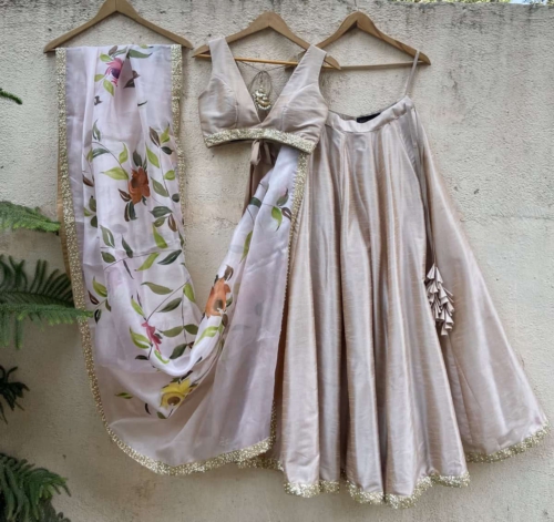 Beige Raw Silk Lehenga Set Hand Painted Dupatta Lehengas