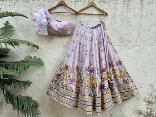 Lavender Hand Painted Lehenga with One-Shouldered Ruffled Blouse Lehengas