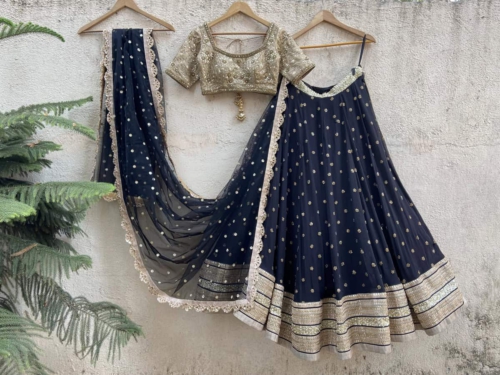 Black Sharmily Lehenga Set with Nude Embroidered Blouse Lehengas